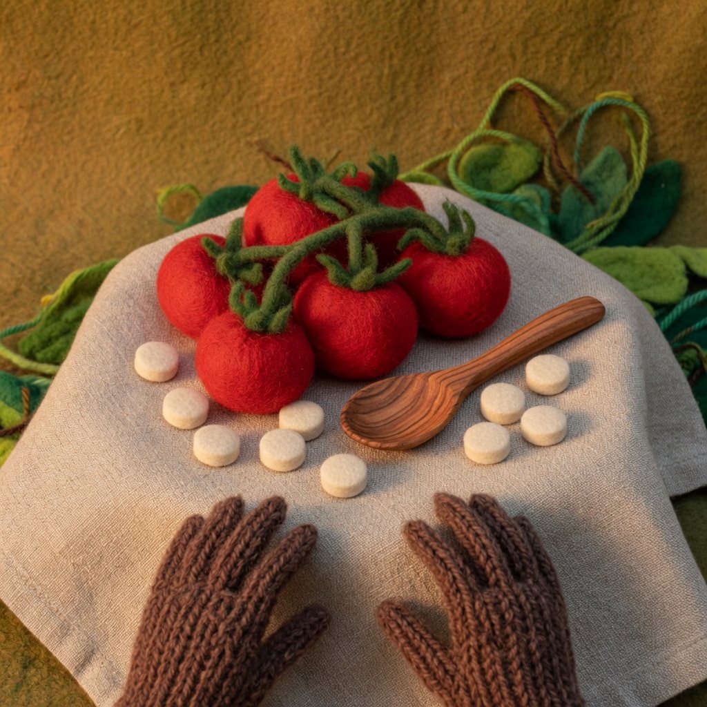 Wool tomatoes, a wooden spoon and plain white pills on a cloth