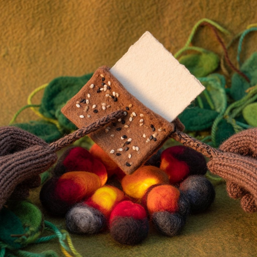 A sesame cracker grilling over felt coals with a blank paper slip