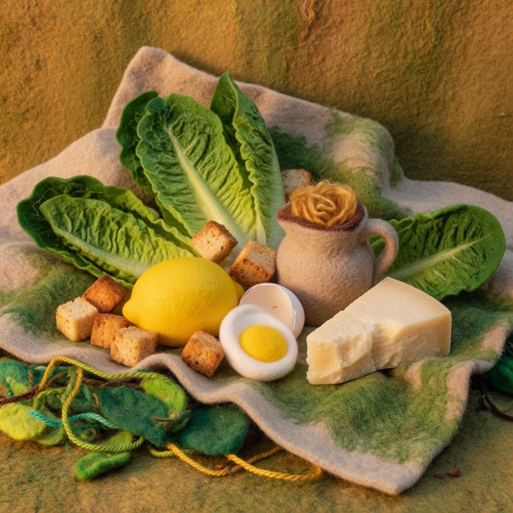Romaine, croutons, lemon, egg, oil and parmesan on a cloth