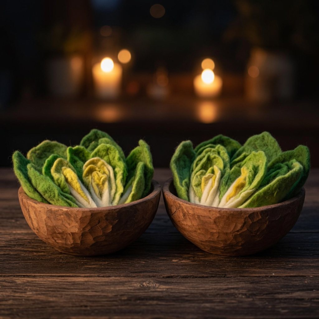 Two wooden bowls of romaine side by side at night