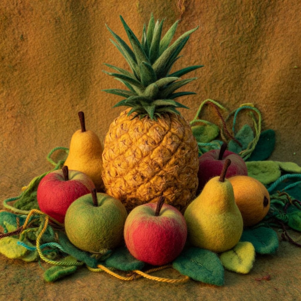 A whole pineapple centerpiece ringed with apples and pears