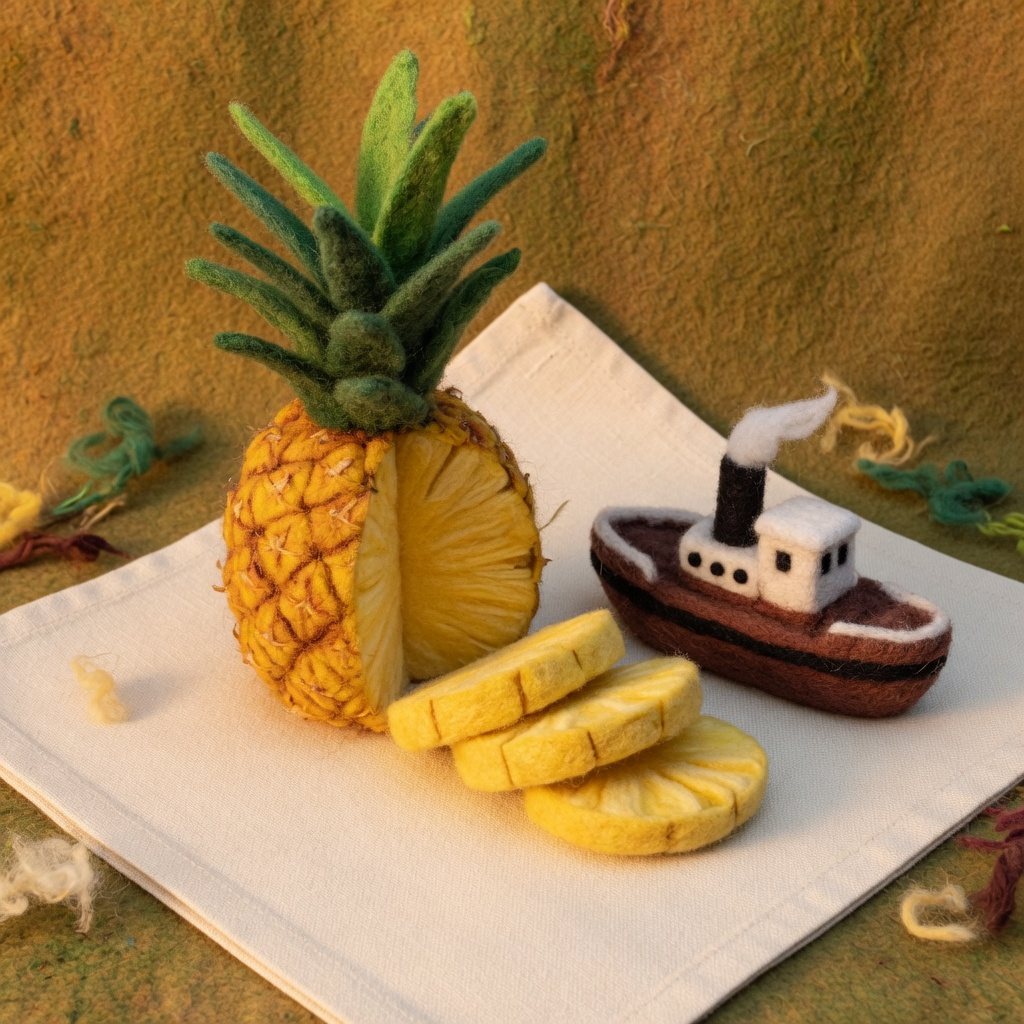 A sliced pineapple on a cloth beside a small wool steamship