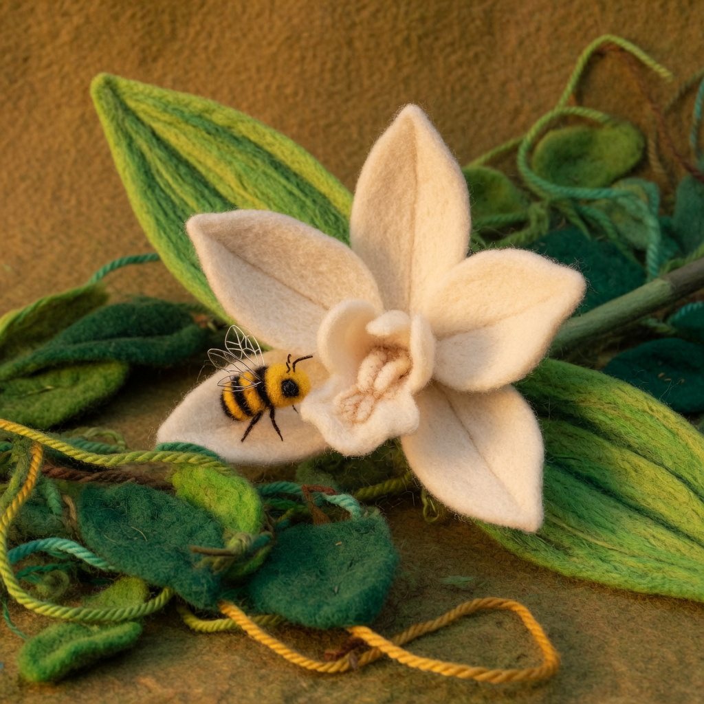 A cream vanilla orchid with a small felt bee