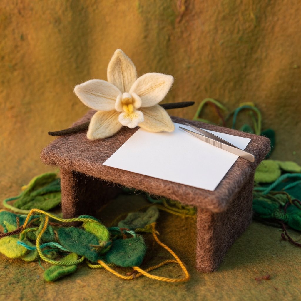 A vanilla orchid, tweezers and a blank sheet of paper on a small desk