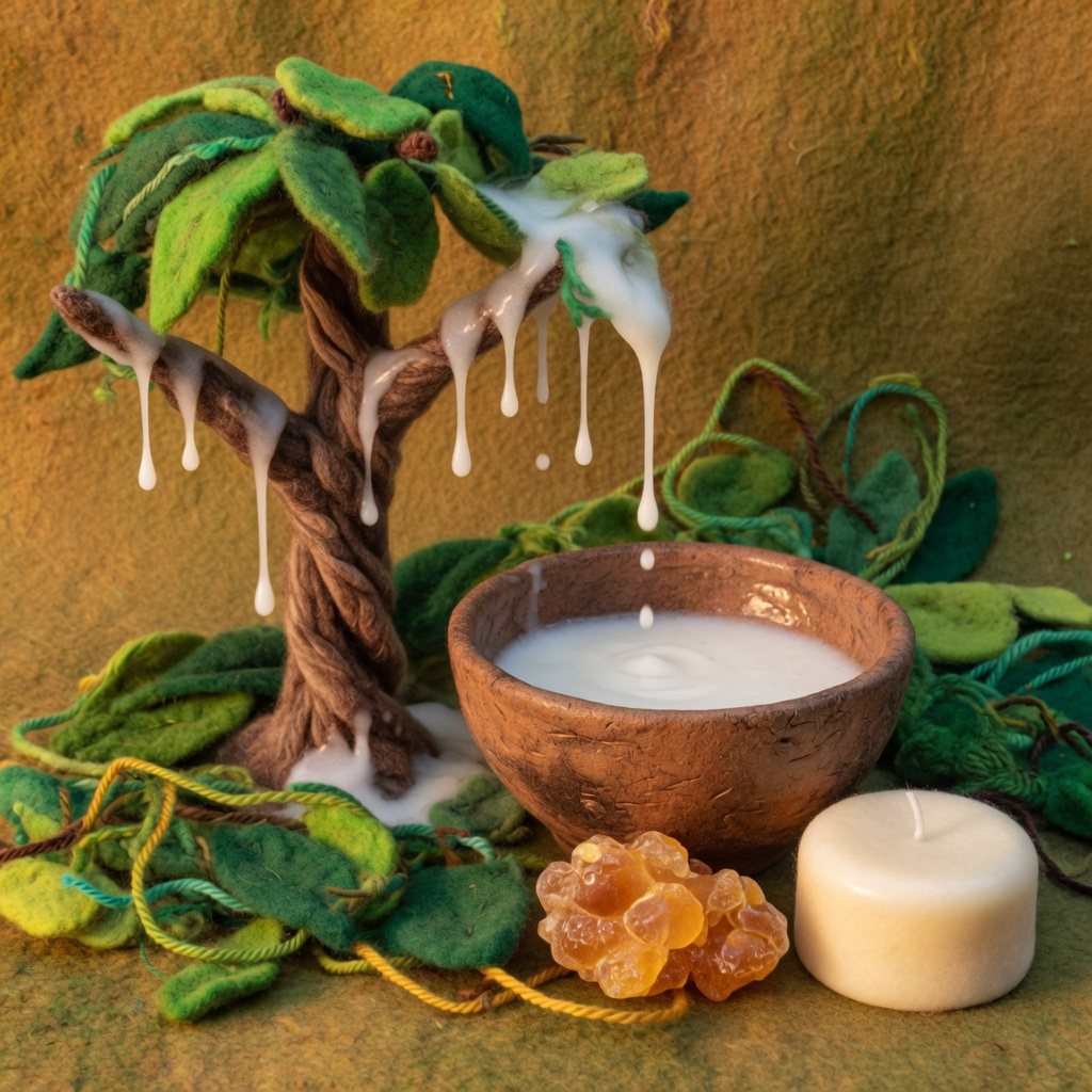 A sapodilla tree dripping milky sap, with spruce resin and a cake of wax