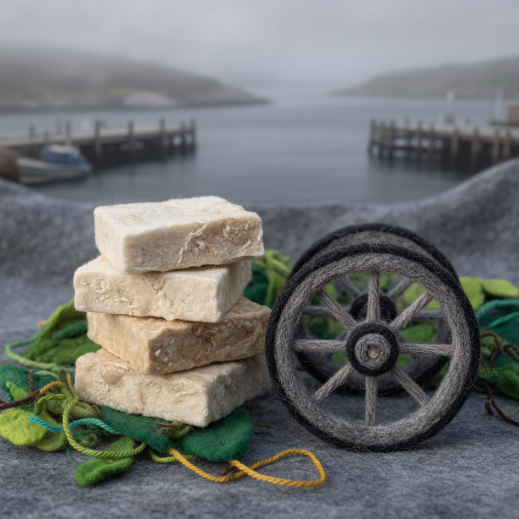 Blocks of pale chicle beside a felt carriage wheel in a harbour