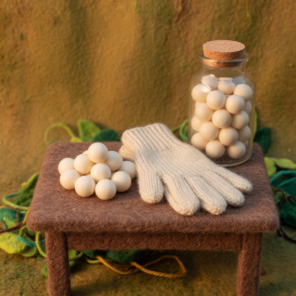 Balls of plain chewing gum, a knitted glove and a glass jar